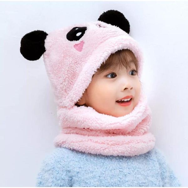 Kids Winter Panda Wool Cap With Neck Warmer – Warm And Cozy Cartoon Panda Design Baby Cap For Winter
